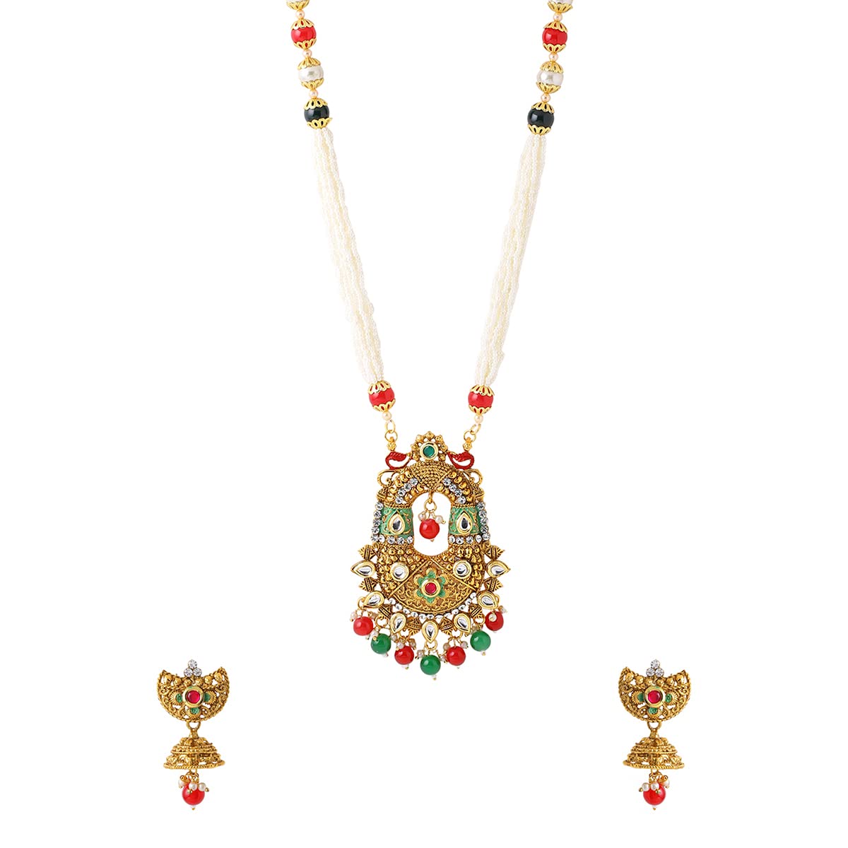 Yellow Chimes Jewellery Set For Women Long Kundan Beaded Charm Attached Necklace Set With Earrings For Women and Girls