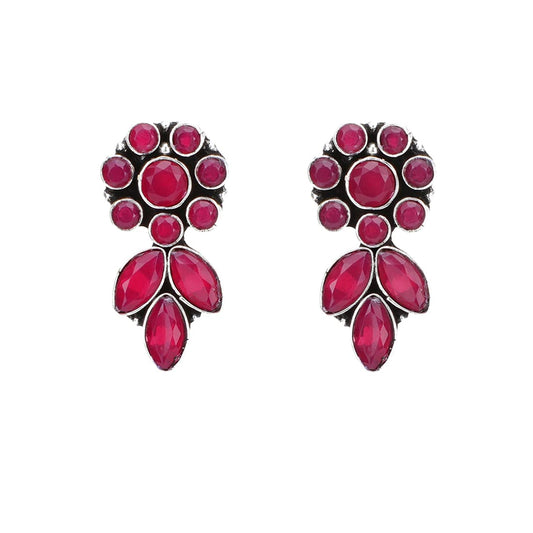 Yellow Chimes Ethnic German Silver Oxidised Pink Flower and Leaf Design Traditional Drop Earrings for Women And Girls, Medium (YCTJER-225OXDDRP-PK)