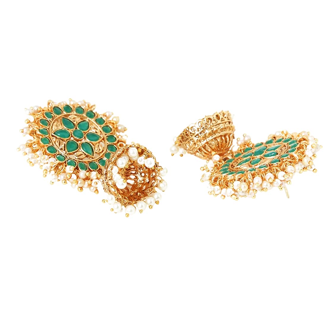 Yellow Chimes Ethnic Gold Plated Flower Design Pearl Moti Green Jhumka Earrings for Women and Girls, Medium (YCTJER-MOTFLW-GR)