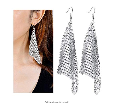 Yellow Chimes Tassel Earrings for Women Metallic Mesh Grid Sequins Silver Tassel Long Drop Earrings Women and Girls.