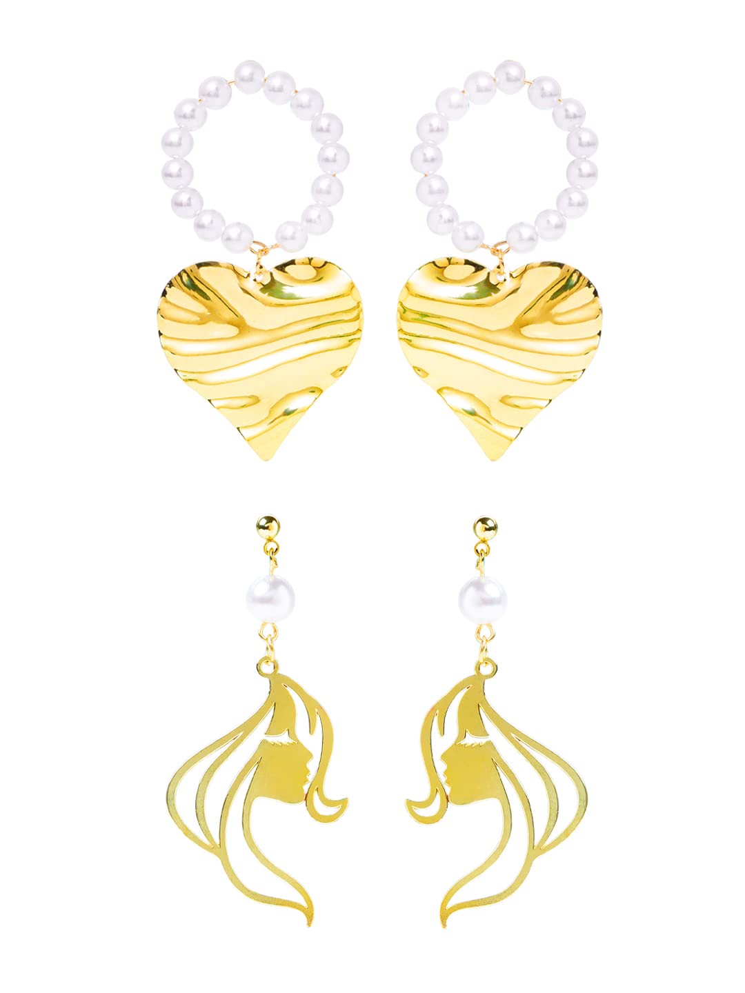 Yellow Chimes Combo of 2 Pairs Latest Fashion Gold Plated Pearl Leaf Face Design Drop Earrings for Women and Girls, Medium (YCFJER-FACEDGN-C-GL)