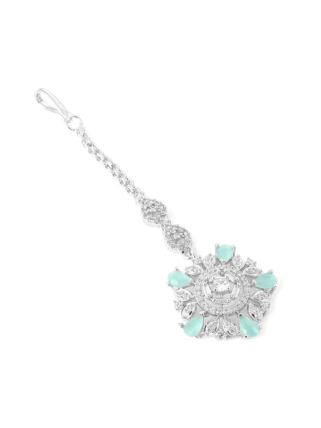 Yellow Chimes Silver Plated Luxury Sea Green Color AD Studded Penta Shape Design Handcrafted Maang Tika For Women & Girls