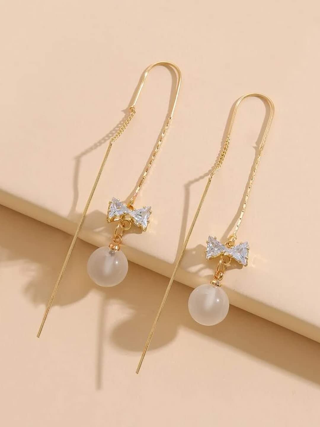 Yellow Chimes Earrings For Women Gold Tone Long Chain Tassel Bow Knot Shape Pearl Drop Earrings For Women and Girls