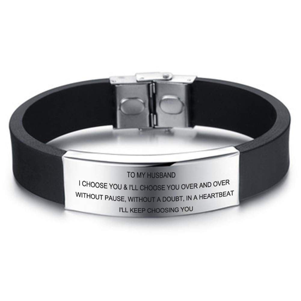 Yellow Chimes Touching Love Message To Husband Stainless Steel Tag Genuine Silicone Strap Bracelet for Men