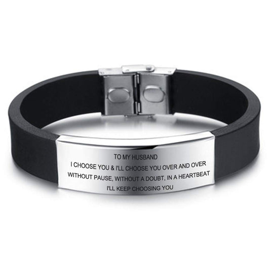 Yellow Chimes Touching Love Message To Husband Stainless Steel Tag Genuine Silicone Strap Bracelet for Men