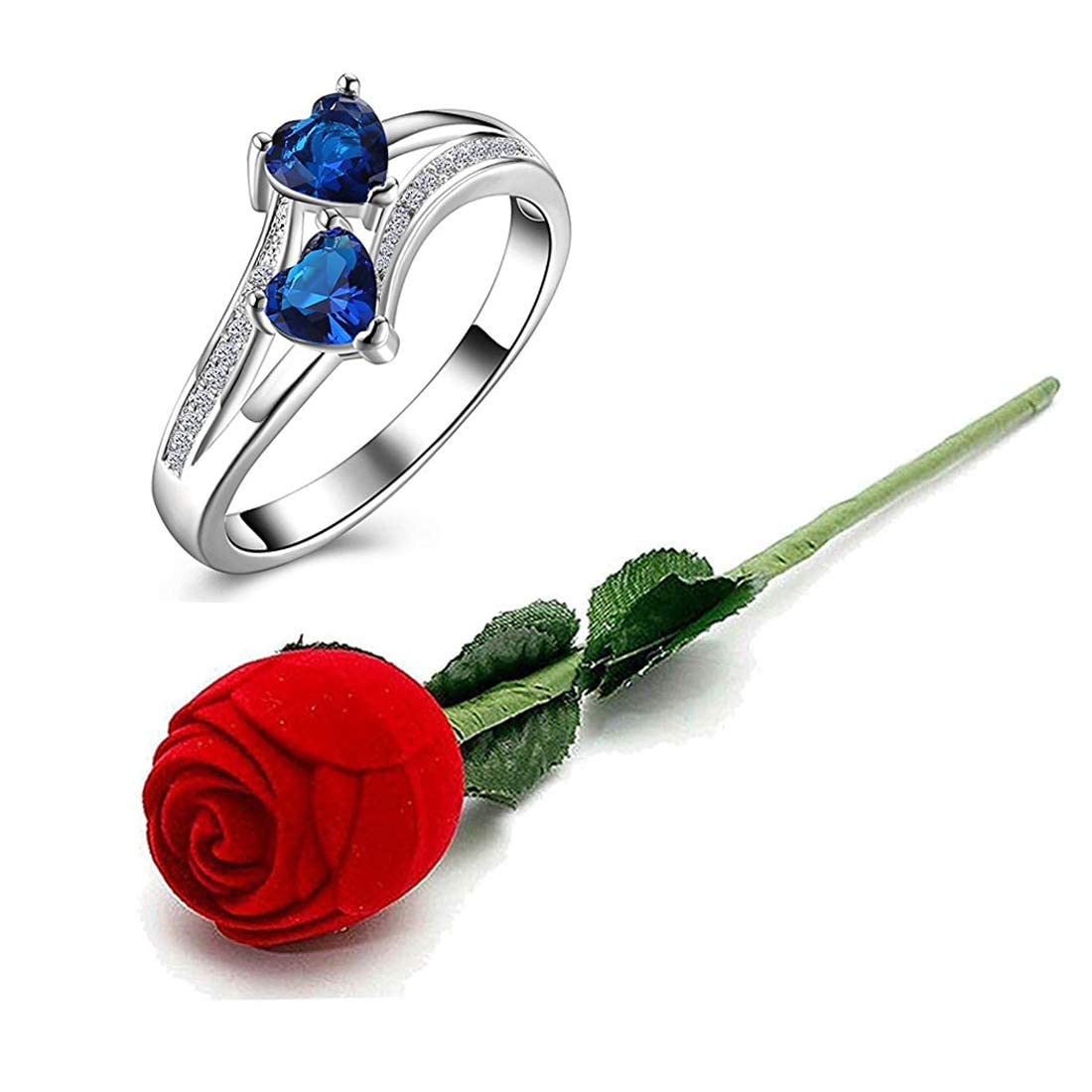 Yellow Chimes Rings for Women Valentines Gift Set of Dual Heart Blue and White Stoned Silver Plated Crystal Ring in Red Velvet Rose Ring Box for Women and Girls