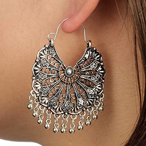 SUVANI 925 Oxidized Sterling Silver Open Filigree Bali Inspired Rope Red  Garnet Half Hoop Earrings 1.1