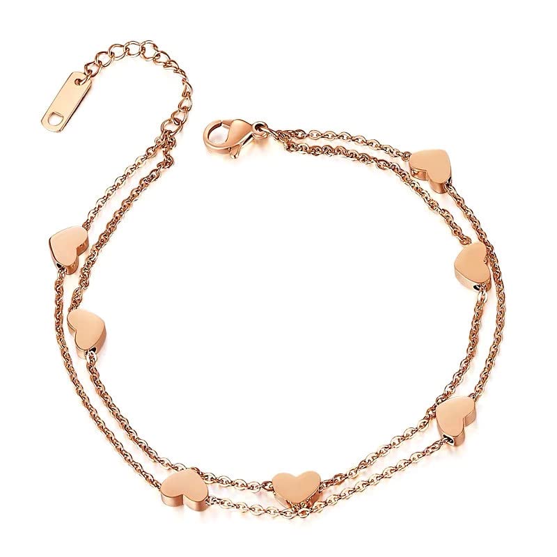 Yellow Chimes Latest Fashion Elegant Stainless Steel Rose Gold Plated Dual Layered Heart Charm Bracelet Cum Anklet for Women and Girls, Medium (YCFJBR-326DHRT-RG)