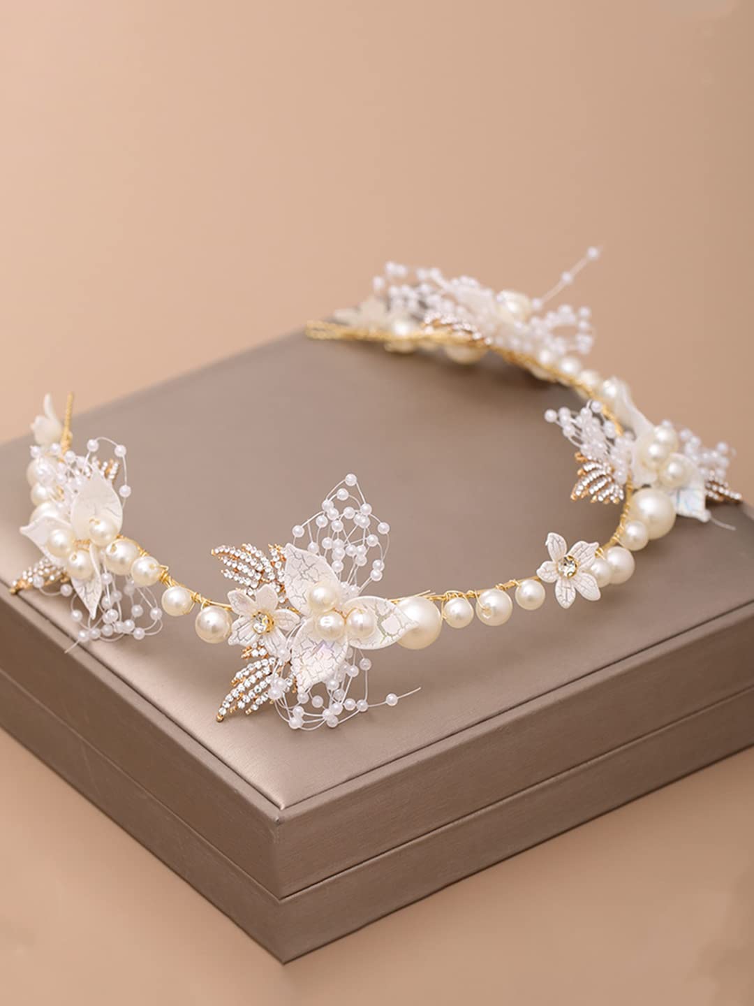 Yellow Chimes White & Gold-Toned Pearl Beaded Classic Fashionable Hair Band Hair Jewellery for Woman & Girls