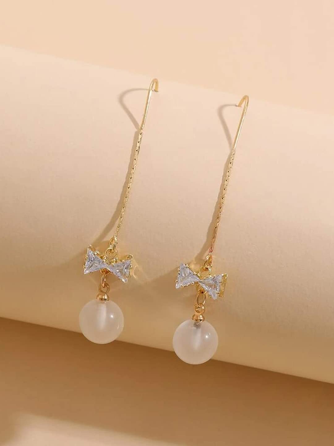 Yellow Chimes Earrings For Women Gold Tone Long Chain Tassel Bow Knot Shape Pearl Drop Earrings For Women and Girls