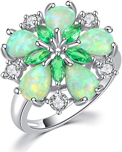 Yellow Chimes Elegant Floral Design Green Fire Opal Emerald Stone Cubic Zircon Rhodium Plated Ring for Women & Girls