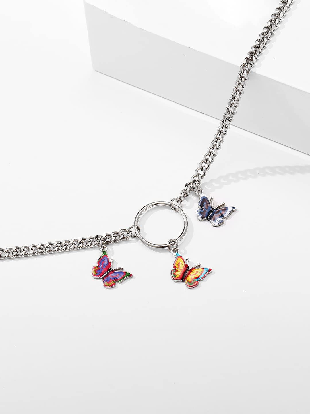 Yellow Chimes Necklace For Women Silver Tone Linked Chain With Multicolor Three Butterfly Charm Hanging Necklace For Women and Girls