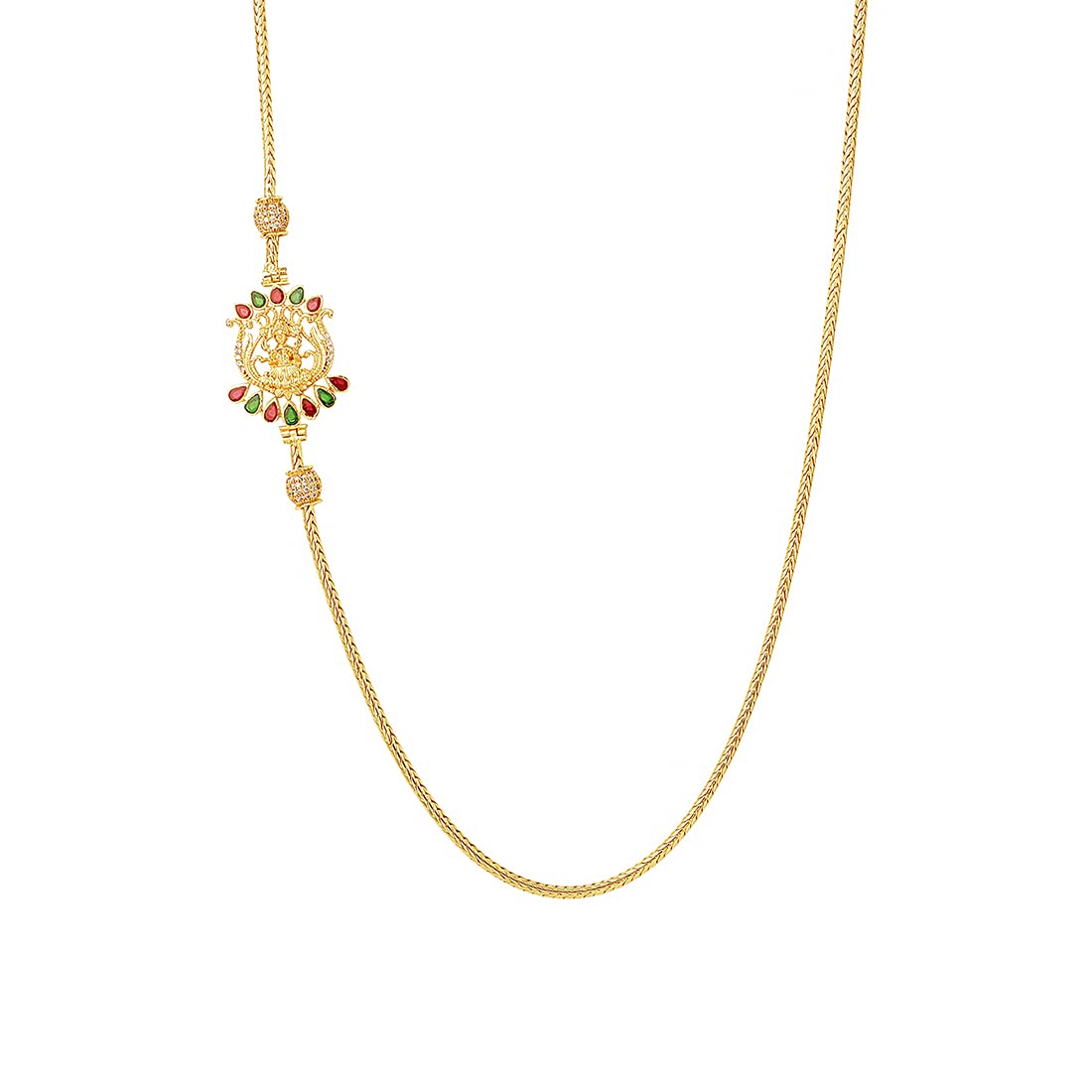 Yellow Chimes Classic AD/American Diamond Studded Gold Plated Necklace Ball Peacock Mugappu Mopu Chain Design Thali chain with side Mugappu for Women and Girls, Gold, Multicolour, Medium