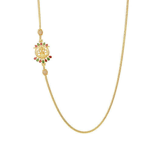 Yellow Chimes Classic AD/American Diamond Studded Gold Plated Necklace Ball Peacock Mugappu Mopu Chain Design Thali chain with side Mugappu for Women and Girls, Gold, Multicolour, Medium