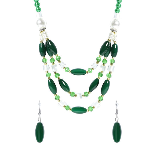 Yellow Chimes Necklace Set For Women Multilayer Dark Green Stone Pearl Beaded Necklace With Earring For Women and Girls