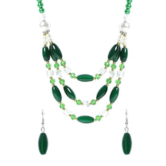 Yellow Chimes Necklace Set For Women Multilayer Dark Green Stone Pearl Beaded Necklace With Earring For Women and Girls