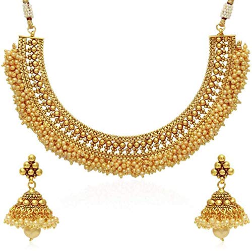 Yellow Chimes Exclusive Gold Plated Studded Pearl Antique Look Ethnic Traditional Choker Necklace Set with Jhumki/Jhumka Earrings Jewellery Set for Women and Girls