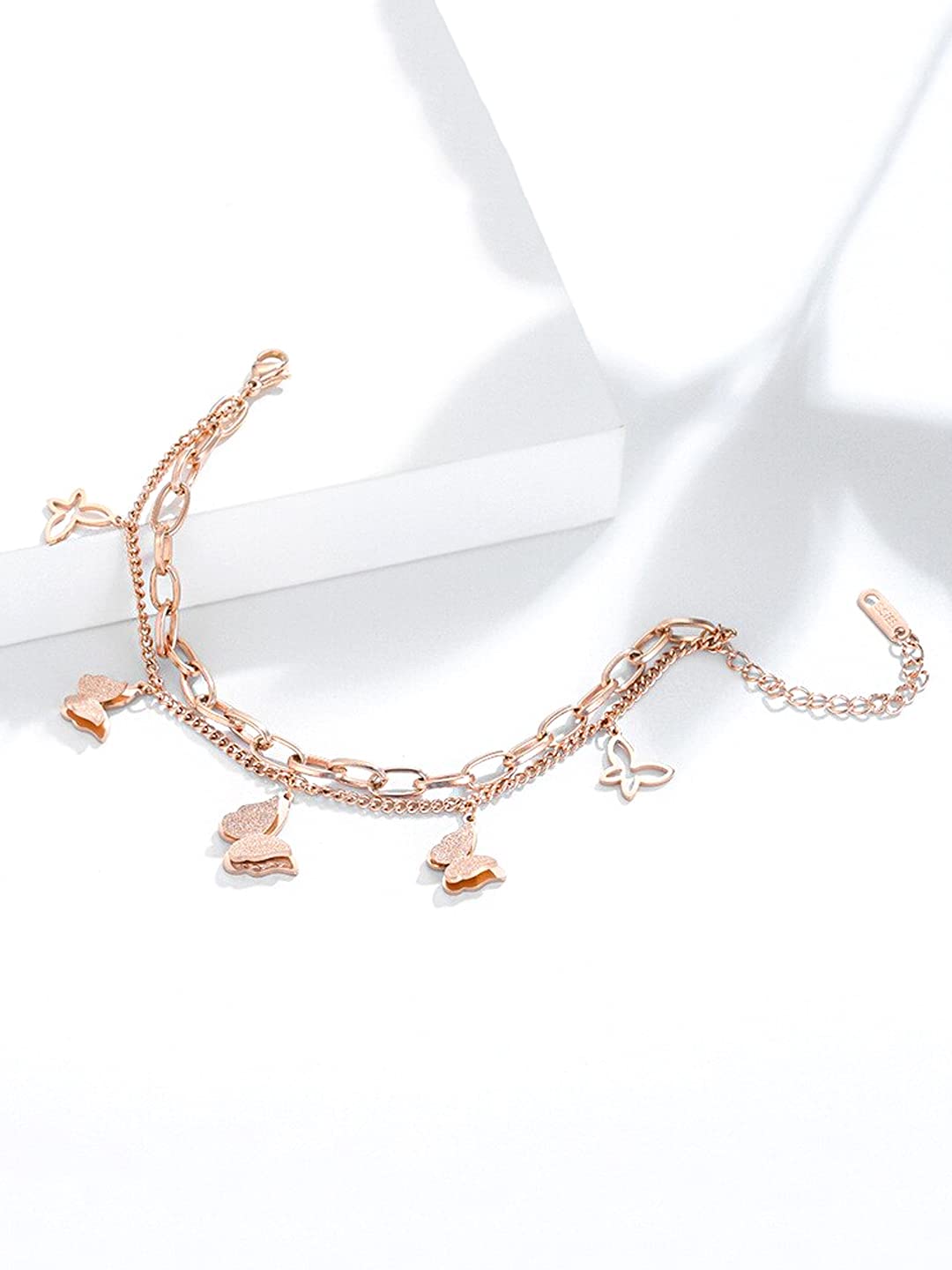 Yellow Chimes Bracelet for Women Rose Gold Stainless Steel Butterfly Charm Adjustable Chain Bracelet for Women and Girls