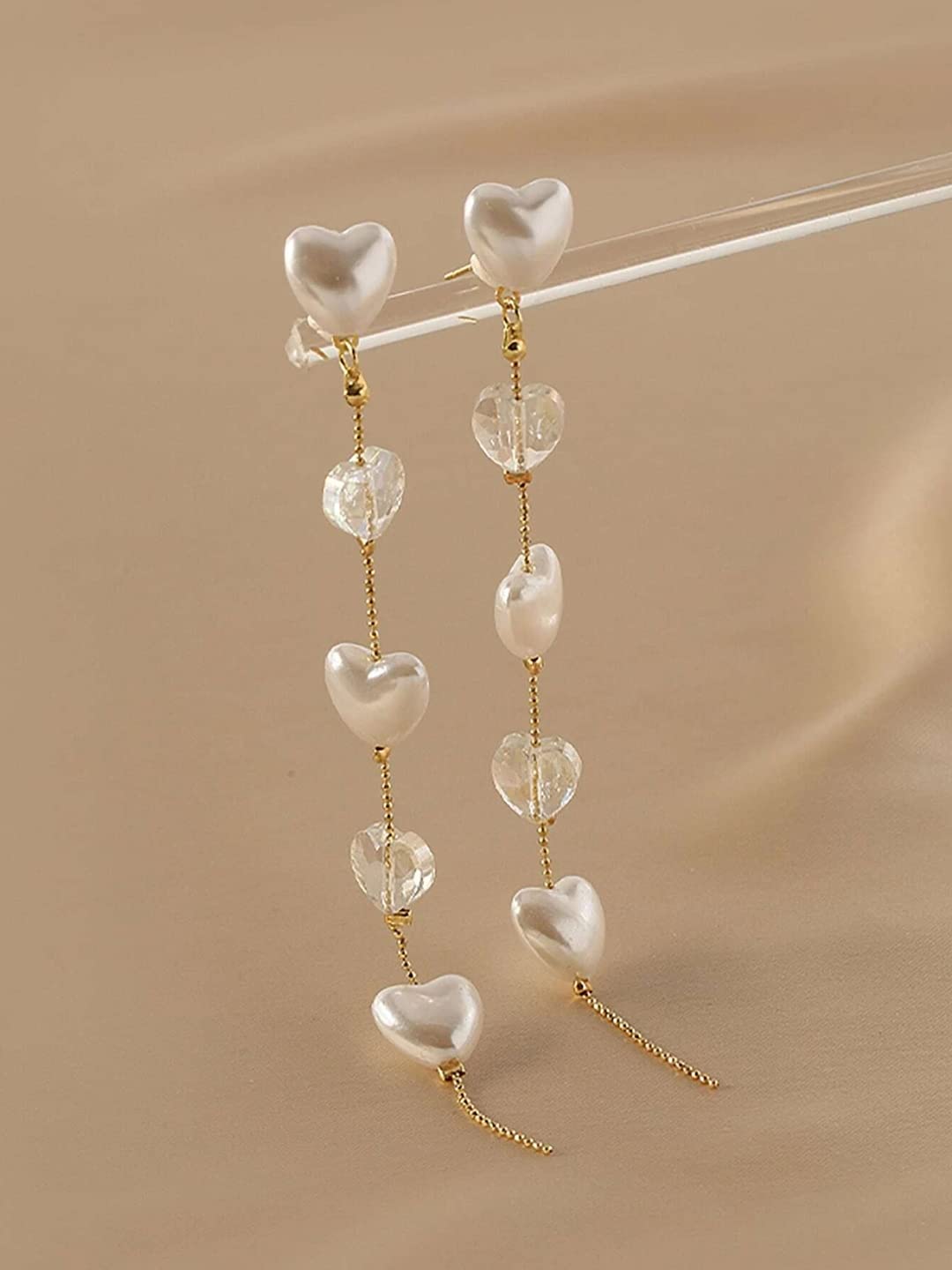 Kairangi Earrings For Women Gold Tone Hearts Pearl and Stone Attached Long Chain Drop Dangler Earrings For Women and Girls