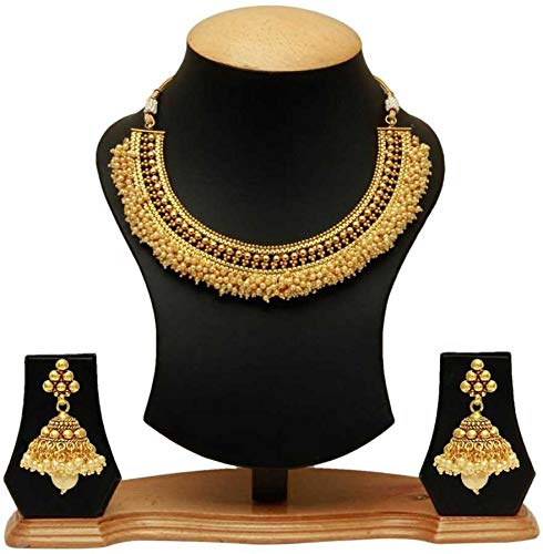 Yellow Chimes Exclusive Gold Plated Studded Pearl Antique Look Ethnic Traditional Choker Necklace Set with Jhumki/Jhumka Earrings Jewellery Set for Women and Girls