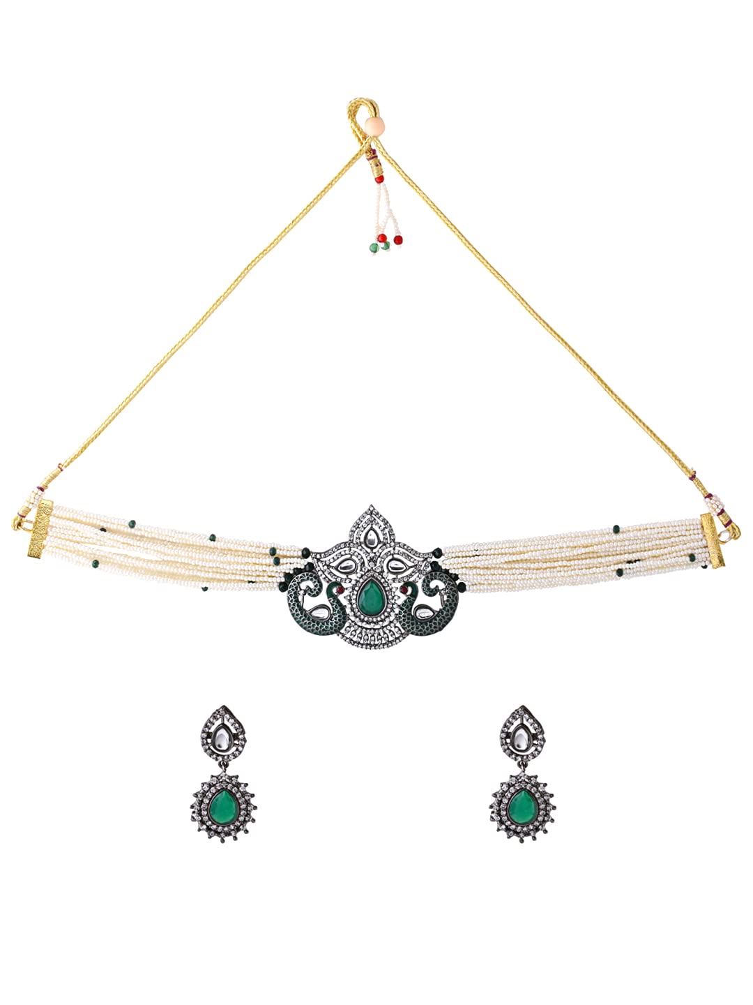 Yellow Chimes Kundan Jewellery Set for Women Ethnic Artificial Beads Green Peacock Traditional Choker Necklace Set for Women and Girls.