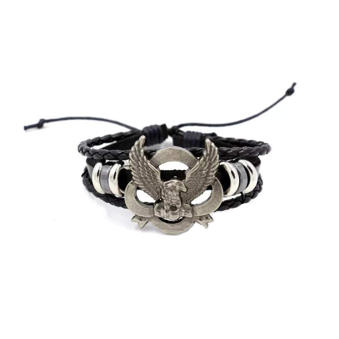 Yellow Chimes Stylish Vintage Black Leather Eagle Charm Design Casual Wrap Wrist Band Strand Bracelet For Men And Boy's