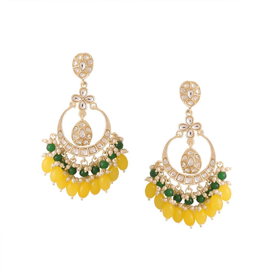 Yellow Chimes Earrings for Women Gold Toned Kundan Studded Green and Pink Beads Drop Chandbali Earrings for Women and Girls