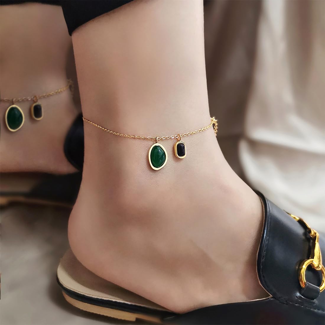 Yellow Chimes Anklets for Women and Girls Fashion Golden Anklets for Women | Gold Plated Green Ston Anklets Payal for Women | Birthday Gift For Girls & Women Anniversary Gift for Wife