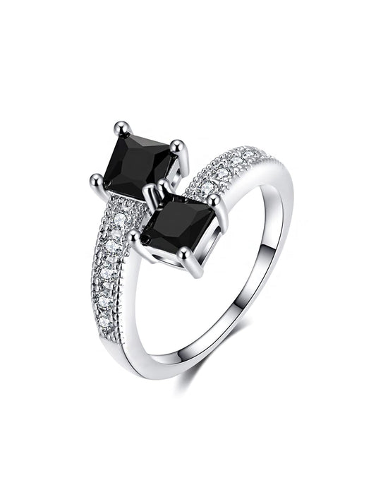 Yellow Chimes Rings for Women Crystal Ring Micro Inlaid Silver Plated Black Square Crystal Adjustable Ring for Women and Girls.