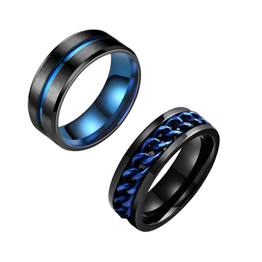 Yellow Chimes Rings for Men 2 pcs Stainless Steel Black and Blue Stainless Steel Band Designed Rings for Men and Boys