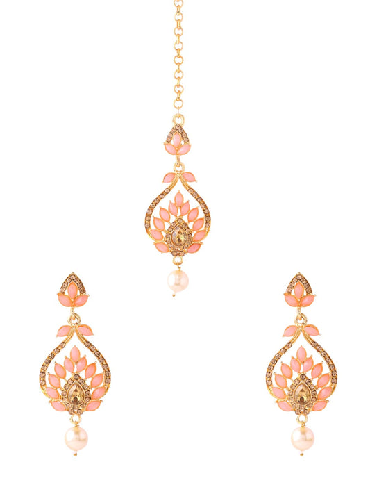 Yellow Chimes Mangtika and Earring Set for Women Gold-Plated Pink Stone-Studded Leaf Design Earrings With Maangtikka For Women and Girls