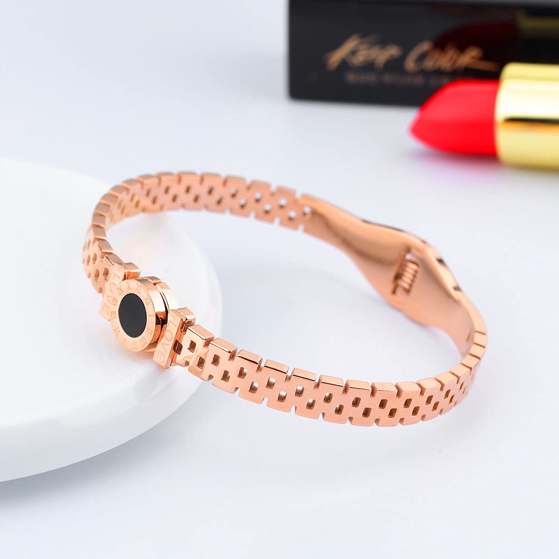 Yellow Chimes Bracelet for Women Stainless Steel Rose Gold Plated Statement Style Black Circle Design Kadaa Bracelet for Women and Girls.