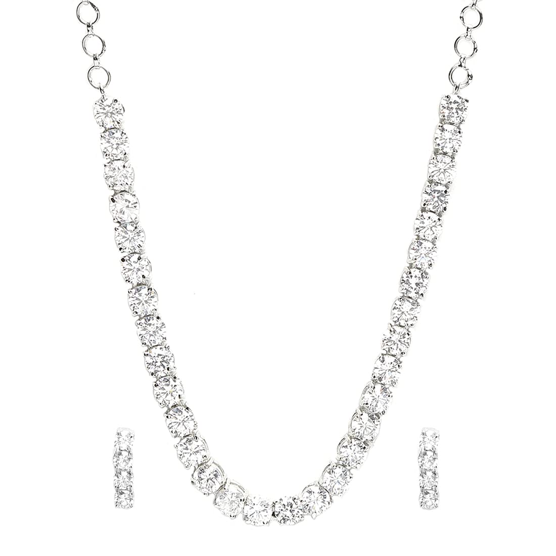 Yellow Chimes Women's Traditional White American Diamond Rhodium Plated AD Necklace Set