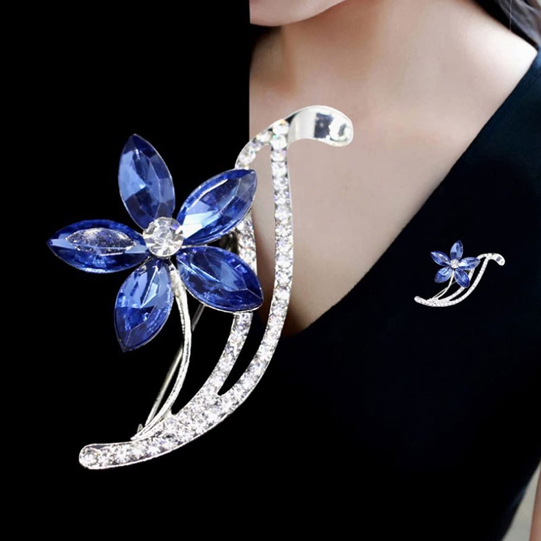 Yellow Chimes Elegant Latest Fashion Combo of 2 PCs Shawl Sweater Clip Blue Rose Gold Flower Crystal Brooch for Women and Girls, Medium