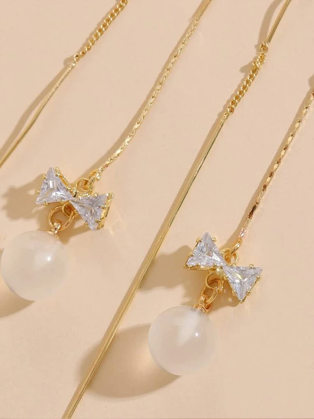 Yellow Chimes Earrings For Women Gold Tone Long Chain Tassel Bow Knot Shape Pearl Drop Earrings For Women and Girls