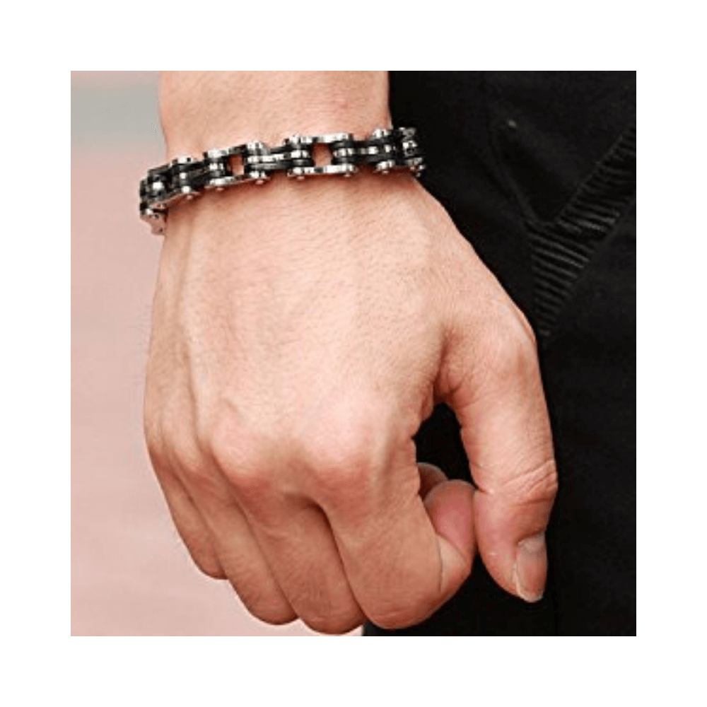 Bicycle Chain Style  Silver Toned Black Bracelet - Yellow Chimes