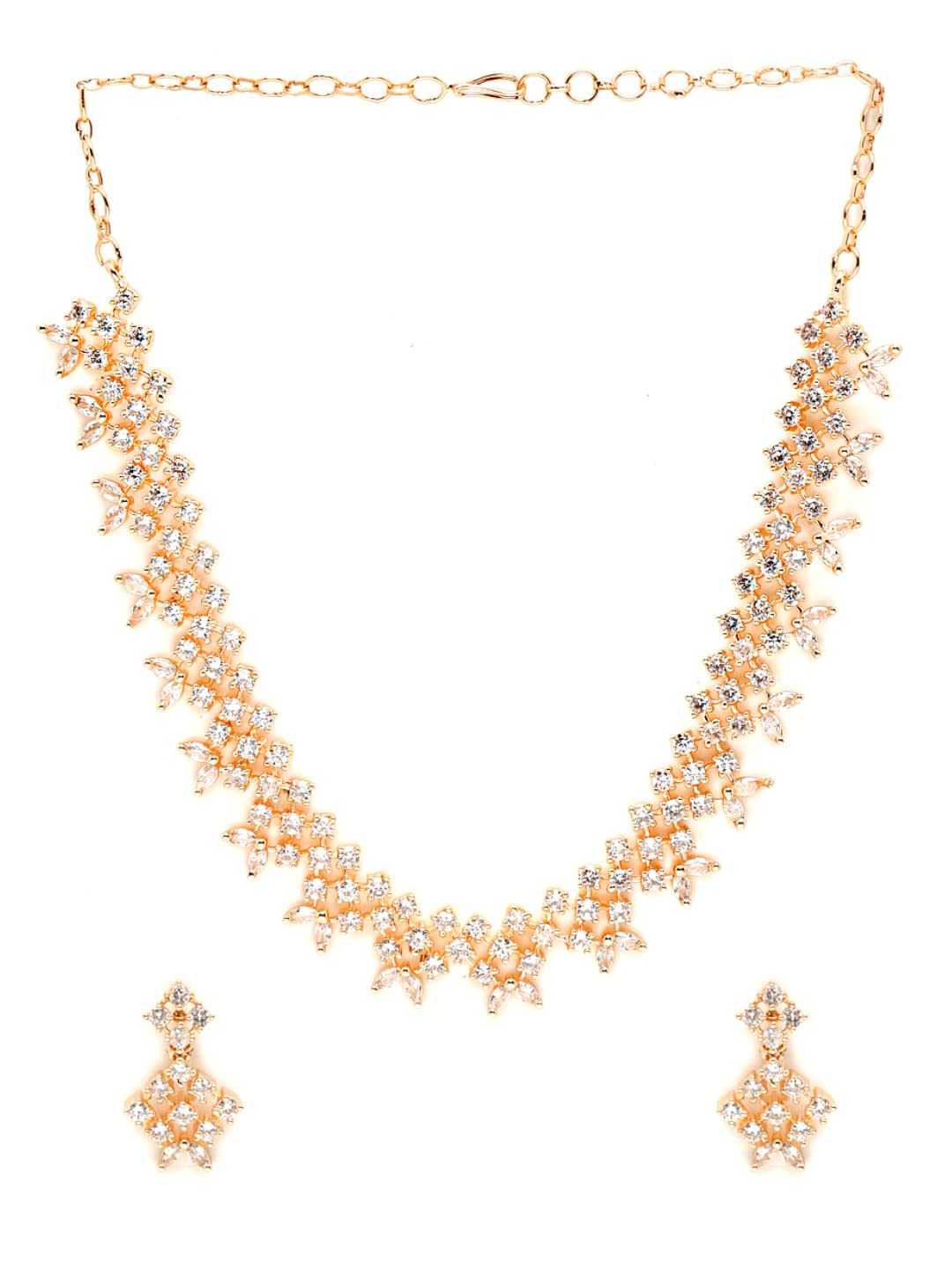 Yellow Chimes American Diamond Jewellery Set for Women Rosegold Plated High Grade Authentic White AD Jewellery Necklace Set for Women and Girls