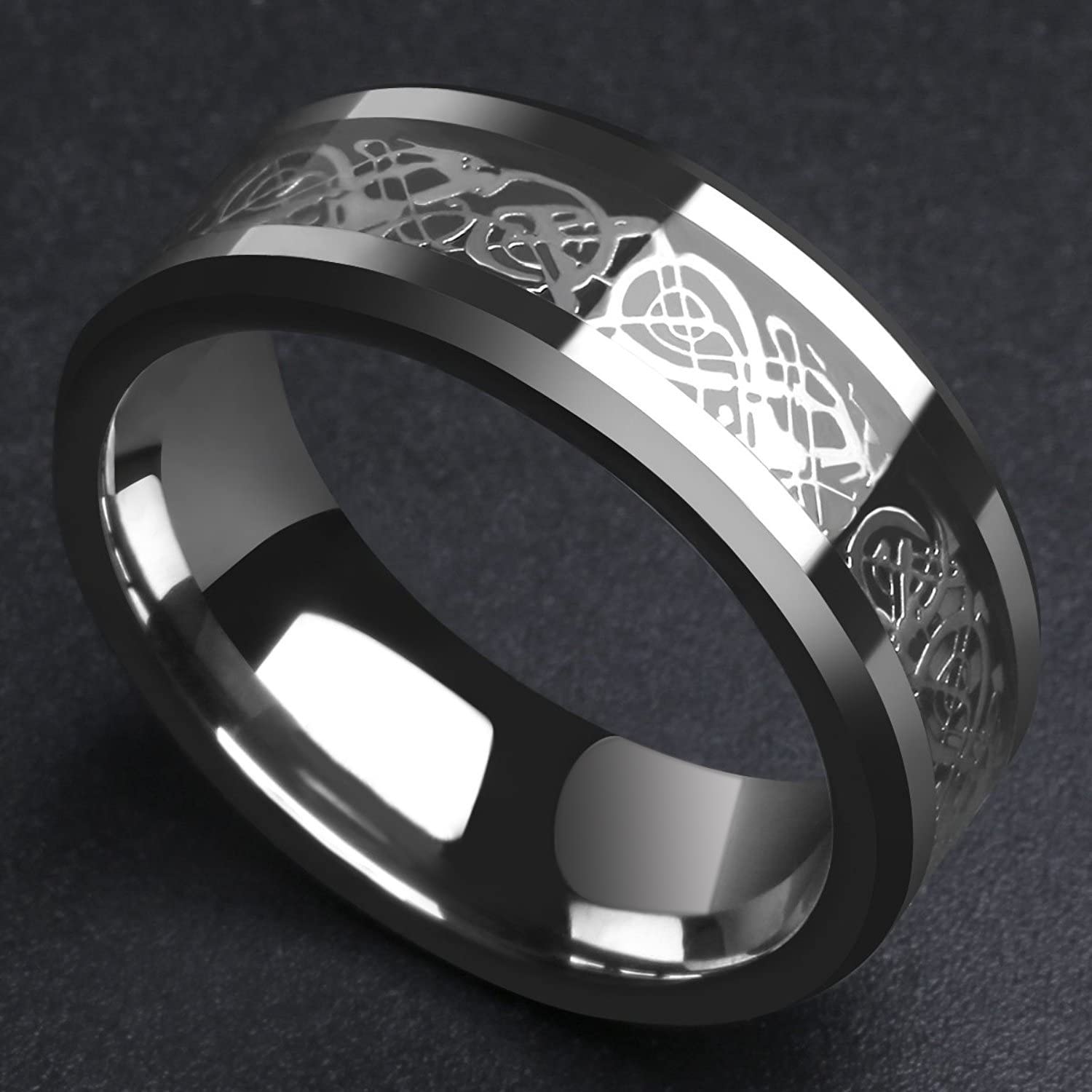 Yellow Chimes Rings for Men Dragon Celtic Inlay Polish Finish Silver Base Titanium Steel Ring for Men and Boys.
