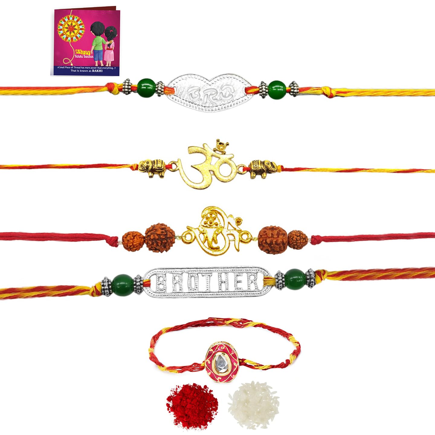 Yellow Chimes Rakhi for Brother | Combo of 5 Rakhi Set for Brother | Traditional Gold and Silver Plated Rakhi Set for Brother and Sister| Rakhi with Roli, Chawal and Greeting Card