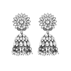 Yellow Chimes Black Gun Plated Studded Stones Flower Design Traditional Jhumka Earrings for Women And Girls, Medium (Model Number: YCTJER-87STLFJH-WH)