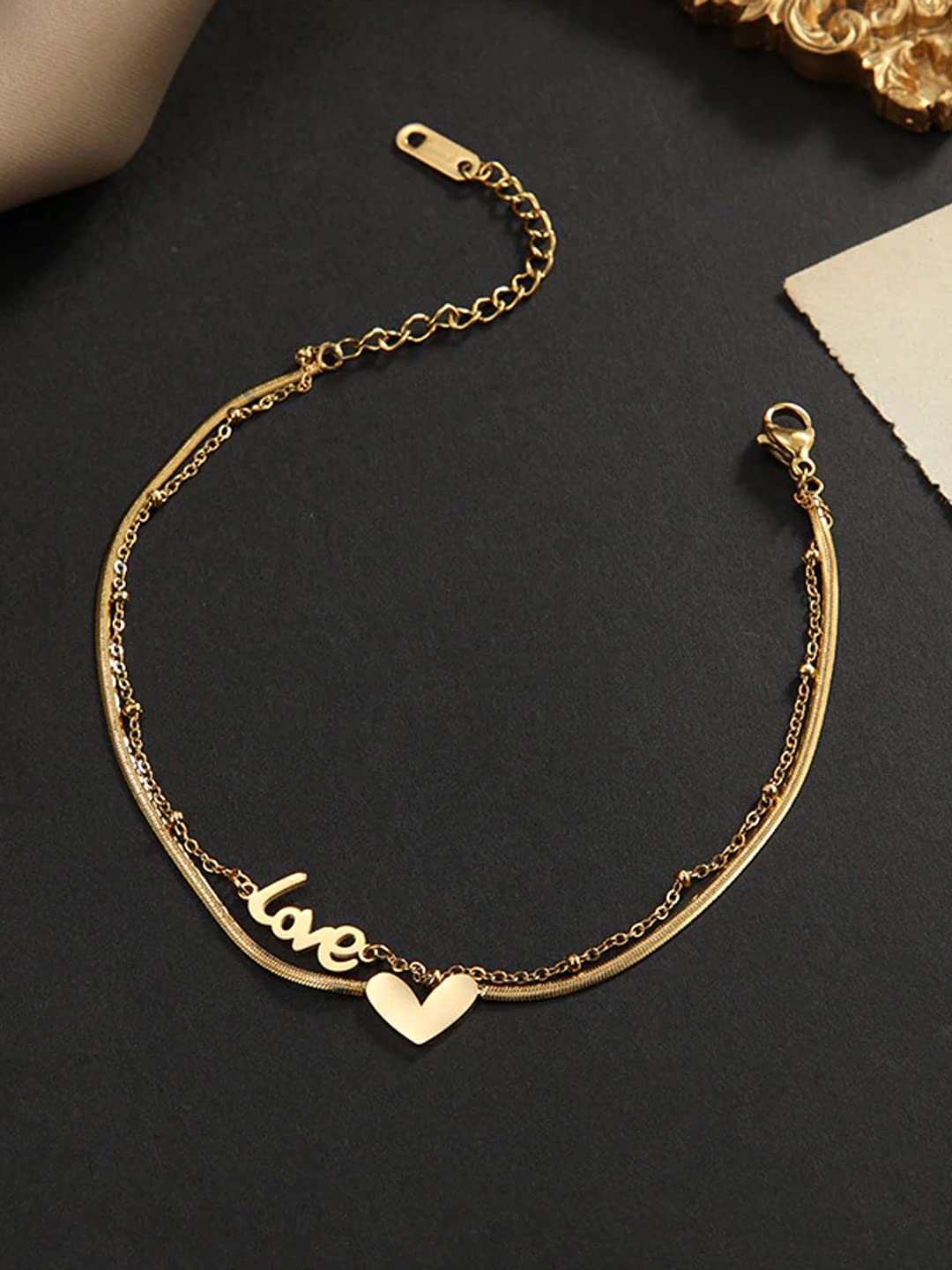 Yellow Chimes Anklets for Women Gold-Plated Layered Love Heart Chain Anklet For Women and Girls