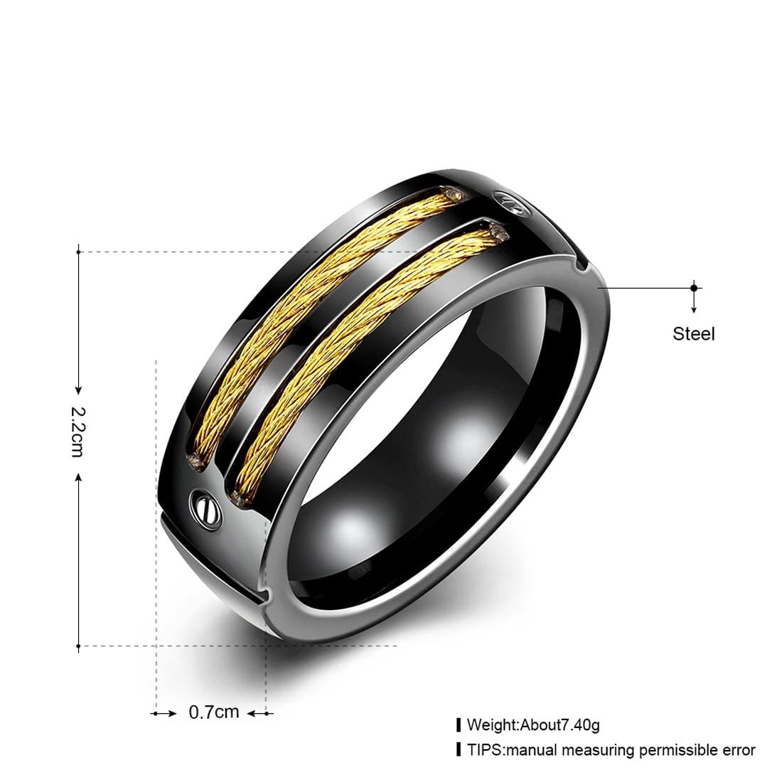 Yellow Chimes Rings for Men Black Band Rings Screwed Cable Black Gun Plated Finger- Thumb Stainless Steel Ring for Men and Boys.