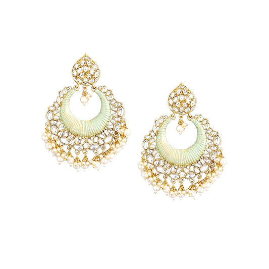 Yellow Chimes Ethnic Gold Plated Traditional Kundan Studded Pearl moti Green Chandbali Earrings for Women and Girls, Gold, Green, Medium, YCTJER-87KUDCHD-GR