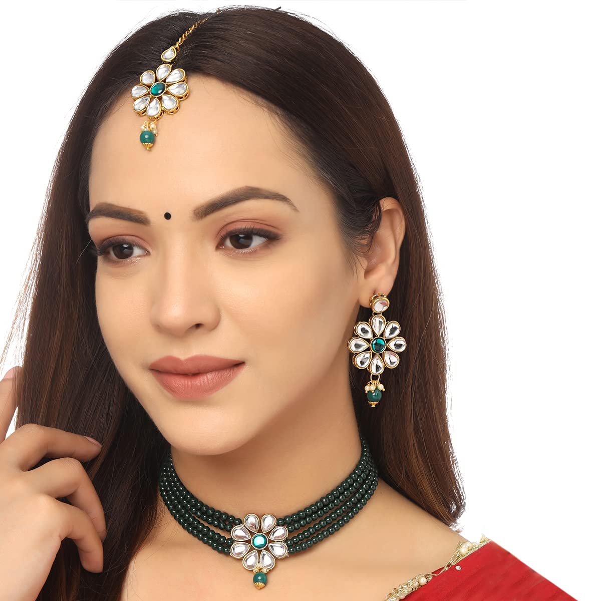 Yellow Chimes Jewellery Set Green Beads Floral Charm Kundan Studded Beads Drop Neckalce Set with Earrings & Maangtikka for Women and Girls