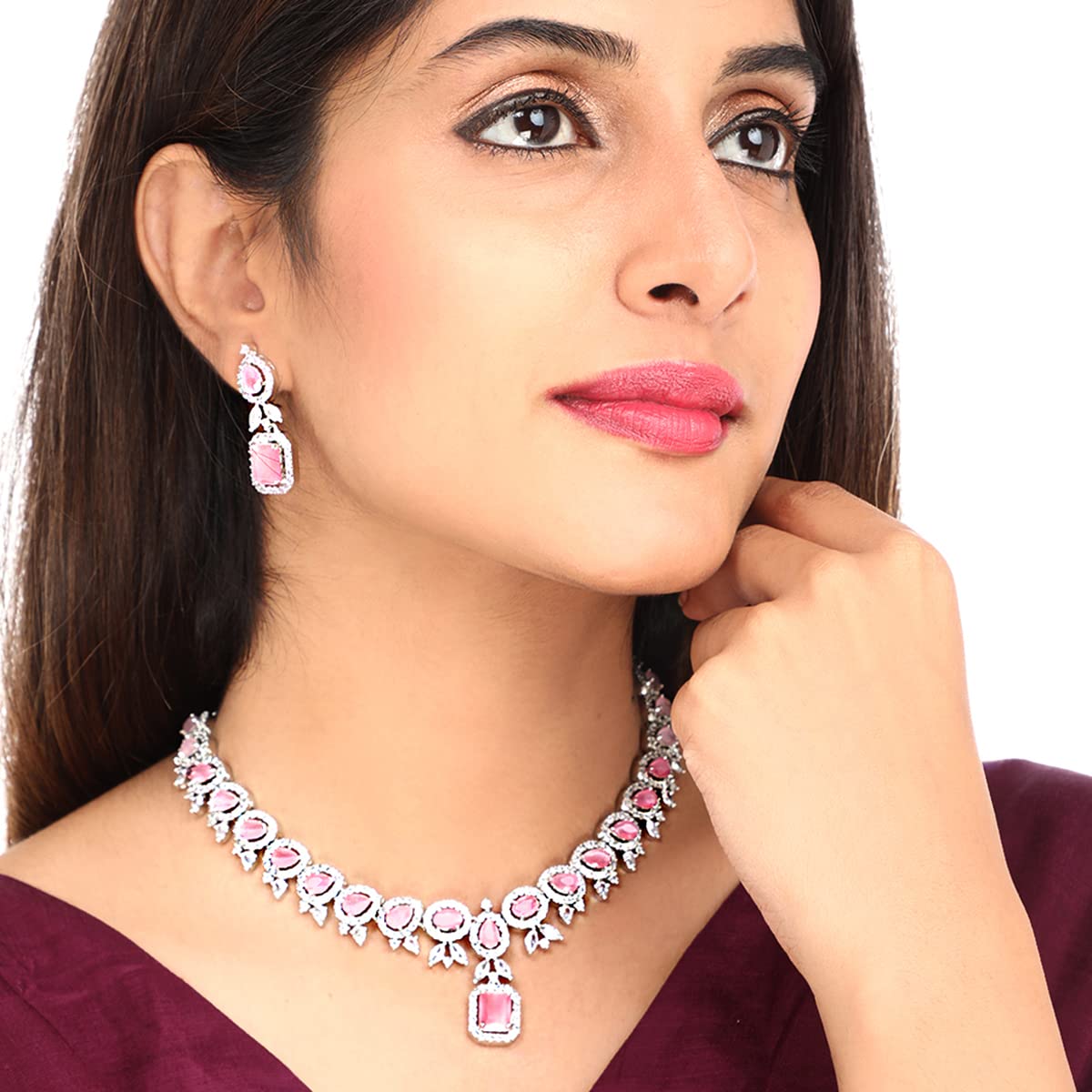 Yellow Chimes Jewellery Set for Women and Girls Traditional Pink American Diamond Jewellery Set | Rhodium Plated AD Necklace Set for Women | Birthday Gift for girls and women Anniversary Gift for Wife