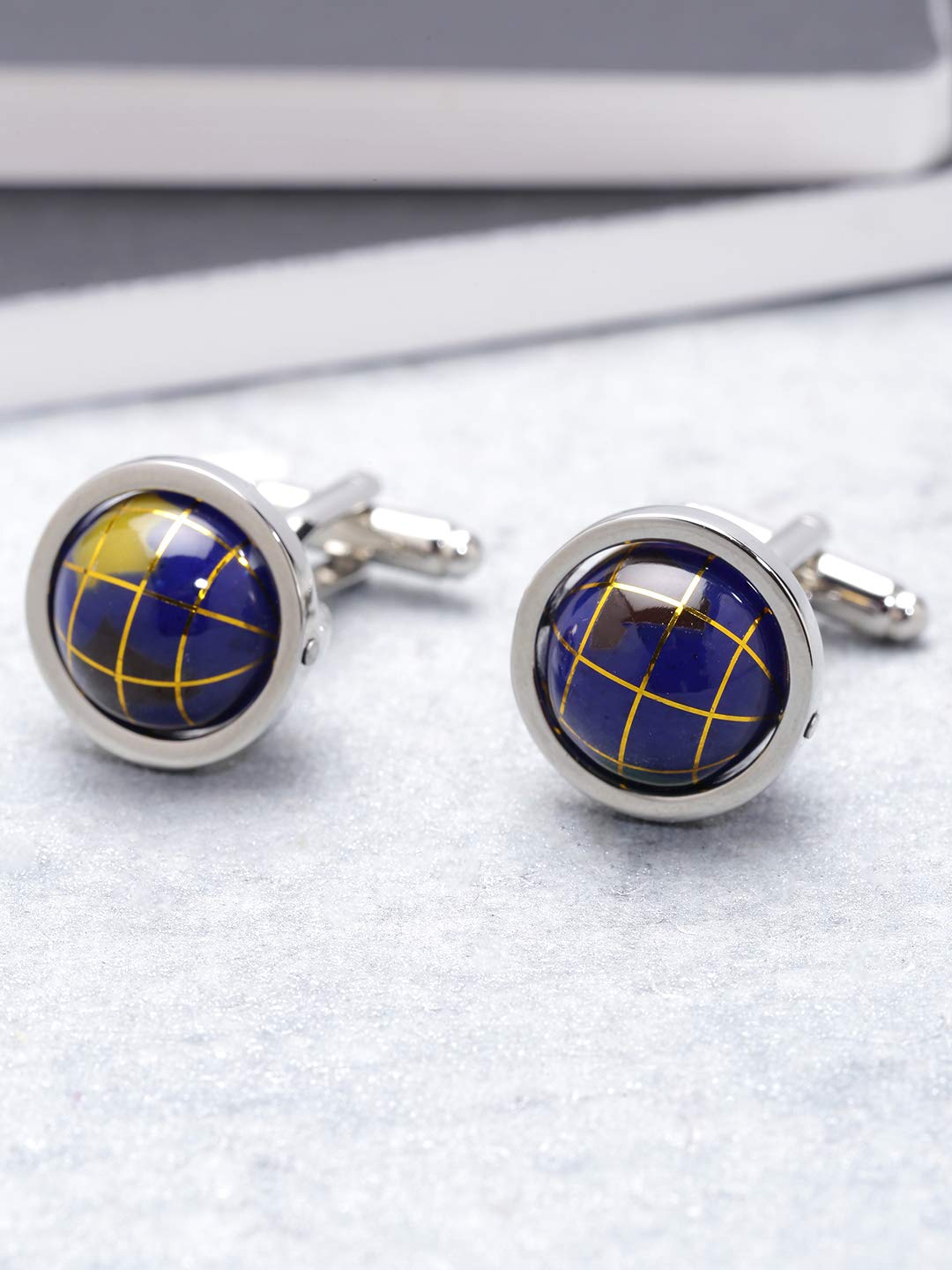 Yellow Chimes Cufflinks for Men and Boys Blue Cuff links | Formal Stainless Steel Unique Spin-Able Earth Globe Blue Cufflink | Birthday Gift for Men and Boys Anniversary Gift for Husband