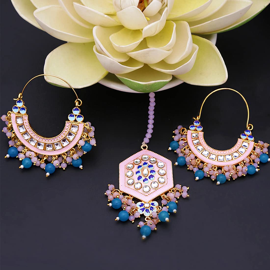 Yellow Chimes Ethnic Gold Plated Traditional Studded Stone Blue Beads Pink Meenakari Chandbali Earrings with Maangtikka for Women and Girls, Medium (YCTJER-108CNDMGT-PK)