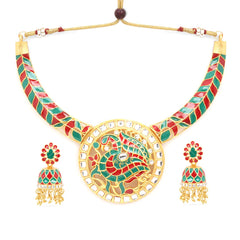 Yellow Chimes Kundan Meenakari Jewellery Set Traditional Gold Plated Antique Designer Choker Necklace with Earrings for Women and Girls