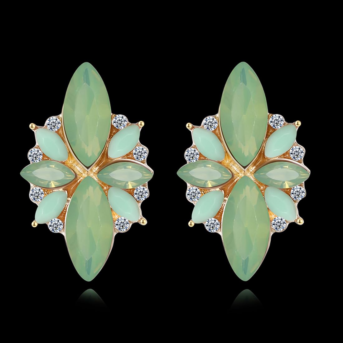 Kairangi Studded Crystal 18K Gold Plated Floral Green Stud Earrings for Women and Girls