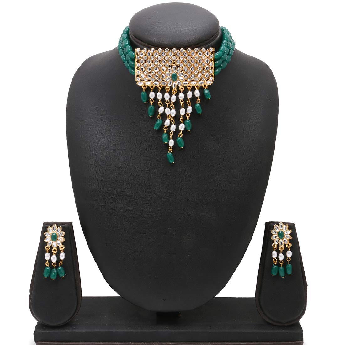 Yellow Chimes Ethnic Green Kundan Studded Stones Multilayer Jewellery Set Gold Plated Traditional Choker Necklace Set for women & Girls (Green)